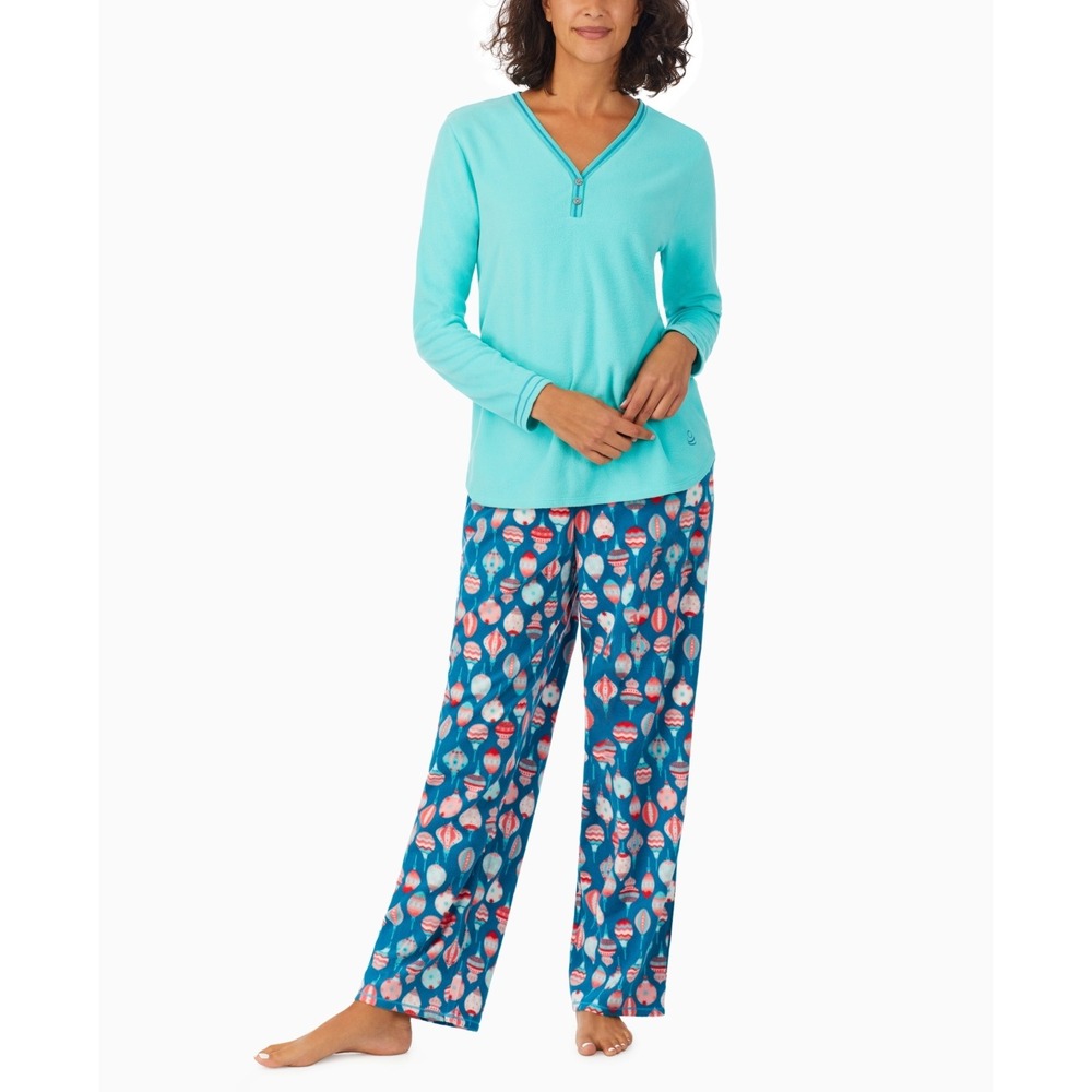 Cuddl Duds Women's 2-Pc. Fleece Long-Sleeve Printed Pajamas Set - Teal Print - L